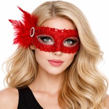 Colezium Kırmızı Taşlı Venedik Parti Maskesi – Tüylü Payetli