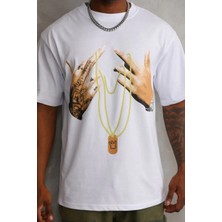 Lushiowear Erkek Baskılı T-Shirt Kısa Kol Bisiklet Yaka Rahat Kalıp Tişört - Beyaz