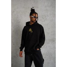 Lushiowear Erkek 3 Iplik Pamuklu Kapüşonlu Kanguru Cepli Baskılı Oversize Hoodie Sweatshirt - Siyah