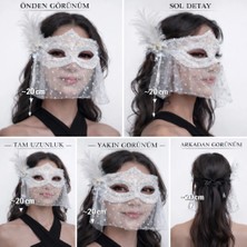 Colezium Beyaz Dantel Tüllü Peçeli Parti Maskesi – Tüylü Inci Detaylı