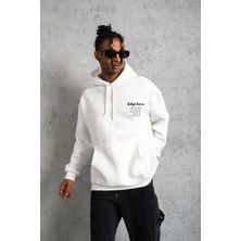 Lushiowear Erkek 98 Baskılı Kapşonlu Üç Iplik Pamuklu Sweatshirt Hoodie - Beyaz