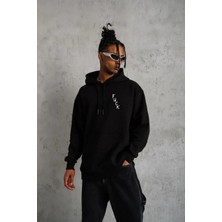 Lushiowear Erkek 3 Iplik Pamuklu Kapüşonlu Kanguru Cepli Baskılı Oversize Hoodie Sweatshirt - Siyah