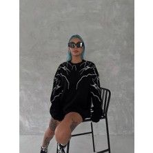 Lushiowear Kadın Yıldırım Baskılı Bisiklet Yaka Üç Iplik Pamuklu  Sweatshirt - Siyah