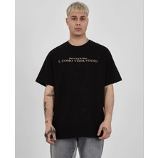 Lushiowear Erkek Bisiklet Yaka Tişort Baskılı Oversize Kısa Kol T-Shirt - Siyah