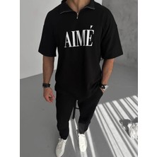 Lushiowear Erkek Yarım Fermuarlı  kısa Kol Baskılı T-Shirt - Siyah