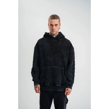 Lushiowear Erkek Uzun Kol Kapşonlu Yıkamalı Nakışlı Sweatshirt - Siyah