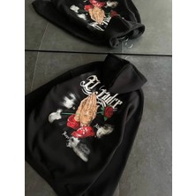 Lushiowear Kadın Üç Iplik Penye Uzun Kol Kapşonlu Baskılı Sweatshirt - Siyah