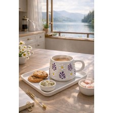 El Işi Seramik Lila Atmalı Beyaz Papatya Desenli Kupa Bardak Mug 200ML