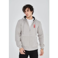 Lushiowear Erkek 3 Iplik Pamuklu Tam Fermuarlı Kapüşonlu Kanguru Cepli Baskılı Hoodie Sweatshirt - Boyalı Gri