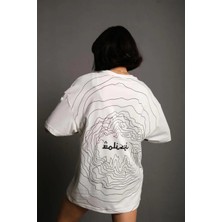 Lushiowear Kadın Bisiklet Yakalı Sırt Baskılı  kısa Kol Oversize T-Shirt - Beyaz