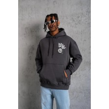 Lushiowear Erkek Baskılı Kapşonlu Üç Iplik Pamuklu Sweatshirt - Füme