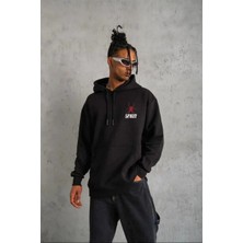 Lushiowear Erkek 3 Iplik Pamuklu Kapüşonlu Kanguru Cepli Baskılı Oversize Hoodie Sweatshirt - Siyah