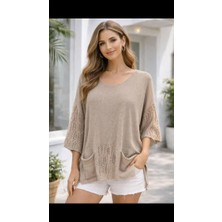 Fibula Merserize O Yaka Cepli Standart Beden Yırtmaçlı Triko Bluz 36-48 Bedenler Arası Uygundur