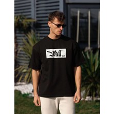 Lushiowear Erkek Bisiklet Yaka Baskılı Oversize T-Shirt - Siyah