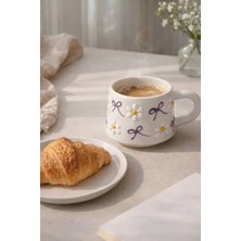 Seramik Lila Renk Fiyonklu Beyaz Papatya Kupa Bardak Mug 200ML
