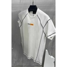 Lushiowear Unisex Dikişli Baskılı Oversize T-Shirt - Beyaz