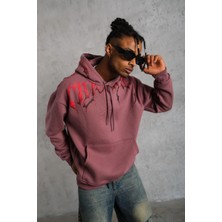 Erkek 3 Iplik Pamuklu Baskılı Kapüşonlu Cepli Sweatshirt Hoodie - Gül Kurusu