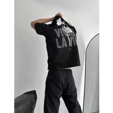 Lushiowear Erkek Baskılı Oversize Bisiklet Yaka Kısa Kol  T-Shirt - Siyah