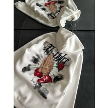 Lushiowear Kadın Üç Iplik Penye Uzun Kol Kapüşonlu Baskılı Sweatshirt - Beyaz