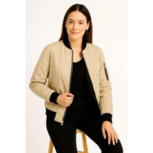 Lushiowear Kadın Bomber Mont Ceket Fermuarlı Kapitone Içi Astarlı Su Itici Regular Fit Yandan - Bej