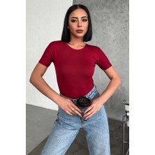 Rahat ve Şık Kısa Kollu Bisiklet Yaka Likralı Viskon Penye Body Bordo ( Lisinya )