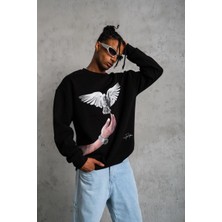Erkek Güvercin Baskılı Üç Iplik Bisiklet Yaka  Ipamuklu Sweatshirt - Siyah