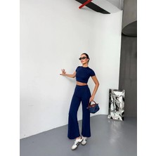 Lushiowear Kadın Osy Modal Yumuşak Kumaş Kısa Kollu Crop Alt Ispanyol Paça Pantalon Ikili Takım - Lacivert