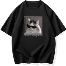Lushiowear Erkek T-Shirt Komik Kedi Baskılı Kısa Kol Tişört - Siyah