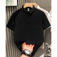 Lushiowear Erkek Yakalı Pike Kumaş Tişort  Düğmeli Düz Kısa Kol T-Shirt  - Siyah