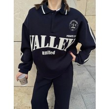 Lushiowear Kadın Üç Iplik Pamuklu Yakalı Sweat Baggy Pantalonlu Alt-Üst Takım - Siyah