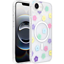 Gezgin iPhone 17E Kılıf M-Safe Şarj Özellikli Şeffaf Zore Folk Sert Kapak - Papatya