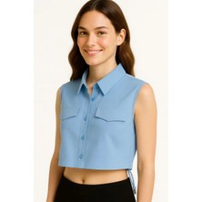 Lushiowear Kadın Crop Poplin Gömlek Yalancı Cepli Ayarlanabilir Yan Kordonlu - Bebek Mavisi