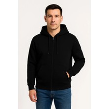 Lushiowear Erkek Üç Iplik Pamuklu Kapüşonlu Tam Fermuarlı Kanguru Cepli Sweatshirt Hoodie -  Siyah