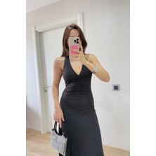 Lushiowear Kadın Sırt Dekolteli Uzun Elbise - Siyah