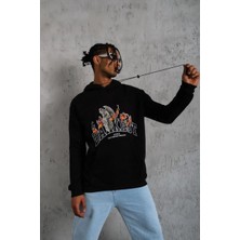 Lushiowear Erkek Oversize Kapüşonlu Sweatshirt Siyah Üç Iplik Içi Pamuklu Kanguru Cepli - Siyah