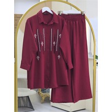 Modamorfo Önü Düğmeli Pul Payetli Pantolonlu Sofya Keten Takım  -Bordo