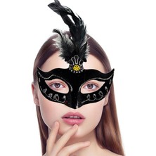 Siyah Renk Tüylü Siyah Süet Kaplama Parti Balo Maskesi 20X16 cm - Lisinya