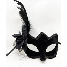 Siyah Renk Yandan Tüylü Beyaz Incili Süet Kaplama A Kalite Lüks Parti Maskesi 20X23 cm - Lisinya