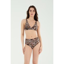 Louren Kadın Kahve-Mavi Leopar Desenli Yüksek Belli Ince Kaplı Toparlayıcı Bikini Takımı