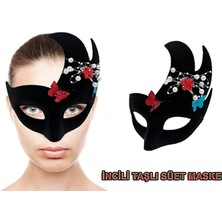 Siyah Renk Incili Taşlı Süet Kaplama Venedik Parti Maskesi 20X22 cm - Lisinya