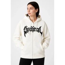 Lushiowear Kadın Kapüşonlu 3 Iplik Şardonlu Önü Baskılı Fermuarlı Oversize Sweatshirt - Beyaz