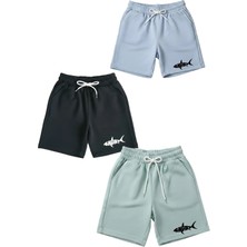 Makiteks Pamuk 3 Adet Unisex Kız Erkek Çocuk Şort Seti 5 6 7 8 9 10 11 12 13 14 Yaş Düz Renk Shark Baskı
