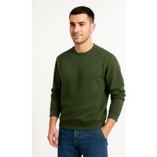 Lushiowear Erkek Üç Iplik Pamuklu Düz Bisiklet Yaka Sweatshirt - Haki