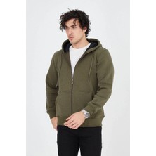 Lushiowear Erkek 3 Iplik Pamuklu Fermuarlı Kapüşonlu Kanguru Cepli Hoodie Hırka Sweatshirt - Yeşil