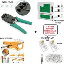 Derwell 4'lü Set Kampanyası RJ45 Cat5/6 Jak 8P8C Pensesi + RJ45/RJ11 Test Cihazı + 100 Adet Cat5/6 Jak + Kablo Soyucu Sarı - Network Aksesuarları Ethernet Seti 4in1 Kit