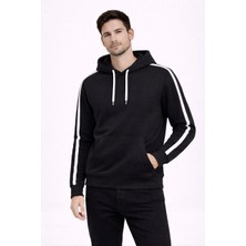 Lushiowear Erkek Şeritli Kapüşonlu Sweatshirt Oversize 3 Iplik Pamuklu - Siyah