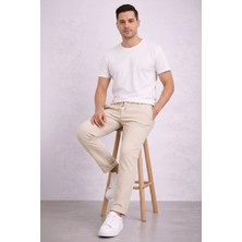 Lushiowear Erkek Diagonel Mikro Dokulu Duble Paça Cepli Pantolon ,modern Kesim - Krem