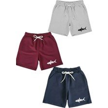 Makiteks Pamuk 3 Adet Unisex Kız Erkek Çocuk Şort Seti 5 6 7 8 9 10 11 12 13 14 Yaş Düz Renk Shark Baskı