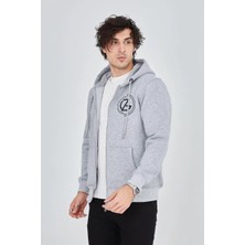 Giyim Center Erkek 3 Iplik Pamuklu Fermuarlı Kapüşonlu Kanguru Cepli Baskılı Hoodie Hırka Sweatshirt -Gri