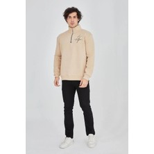 Giyim Center Erkek Yarım Fermuarlı Baskılı Üç Iplik Pamuklu Sweatshirt - Bej